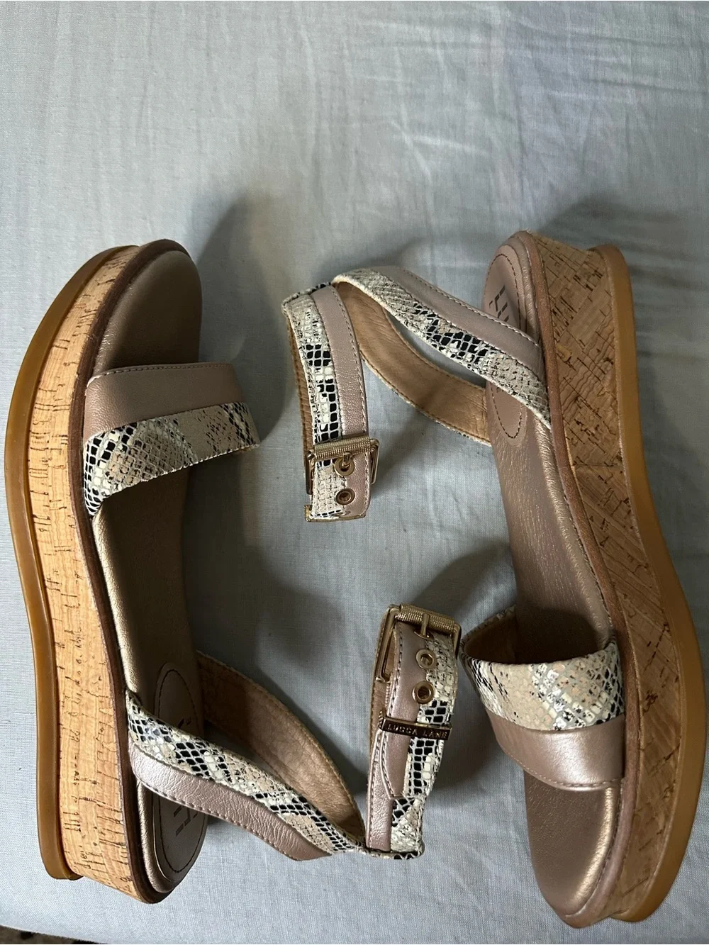 Lucca Lane Karel Cork Wedge Sandals, Metallic  Taupe & Snake Print Size 7 1/2